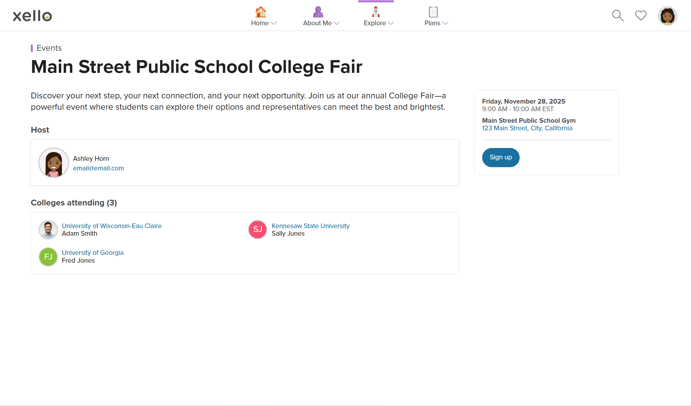 Student account in Xello open to a detailed event's page. There is a short description, the host name and email address, and three college partners are attending. There is a Sign up button.